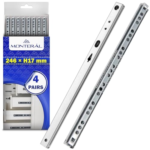 4 Pares Guias Correderas para Cajones con Rodamiento de Bolas 246 mm x H 17 mm - Rieles para Cajones Telescópicas Tienen una Extensión de 170 mm - Garantía de 10 Años - MONTERAL