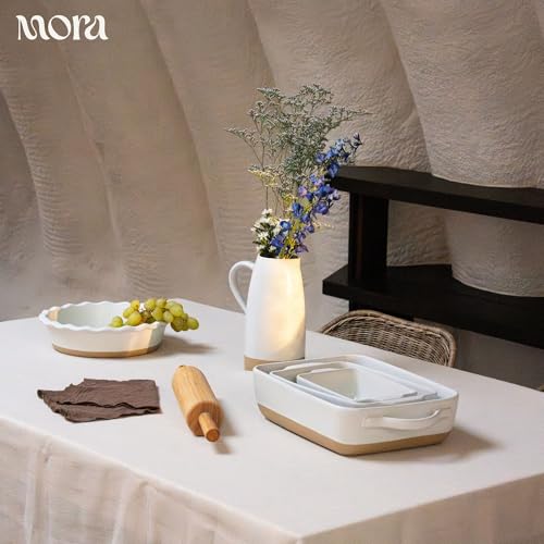 Image of Mora Ceramic Baking Dish with Handles For Casserole, Lasagna, Gratin, Broiling, Roasting, and Baking. Large 9x13 in Pan, Extra Deep - Porcelain Serving Bakeware from Oven to Table. Freezer Safe - Oat