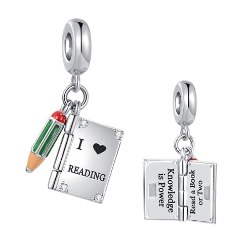 SBI Jewelry I Love Book Reading Charm Compatible Pandora Charm Bracelet Pencil Knowledge is Power Christmas Family Friend Cover