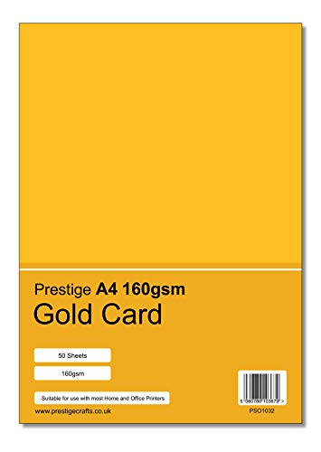 Prestige A4 160gsm Coloured Card Printing Inkjet Laser Craft Card - 50 Sheets per Pack - 19 Colours (Gold)