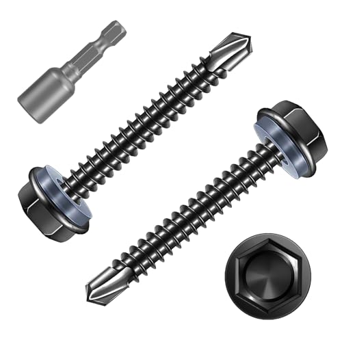 FandWay 50 Pcs Hex Head Self Drilling Screws for Metal,M5.5x50mm Self Tapping Sheet Metal Tek Screws,410 Stainless Steel Black Coating Hex Drive With 1 Bits for Steel/Wood/Plastic.