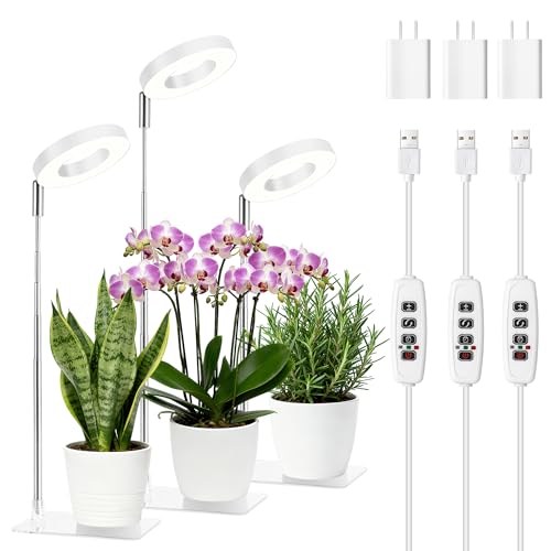 White Small Halo Grow Light with Base, Full Spectrum Indoor Plant Grow Light, Height Adjustable, 3 Spectral Modes, 10 Brightness Levels, Automatic Timer 3/9/12 Hours, 3 Pack