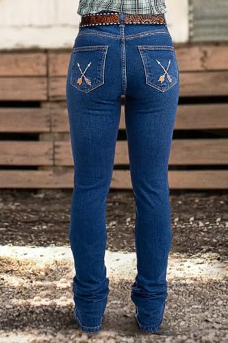 Huang's Women's Western Bootcut Jeans with Embroidered Details, Medium Wash Denim, Decorative Stitching2