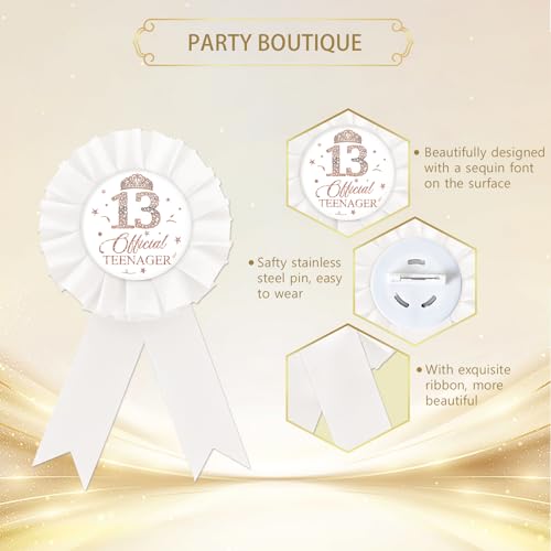 Happy 13th Birthday Tinplate Badge Pin, Official Teenager Birthday Button Pin, Rose Gold Crown Happy Birthday White Rosette Badge Pin for Girl, Brooch Buttons for Thirteen Birthday Party2