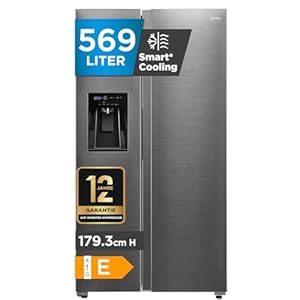 Midea Side by Side Kühlschrank Großraum 569L NoFrost, Rostfreier Stahl, 3-in-1 Wasserspender mit Festwasseranschluss, Inverter Kompressor, Dual Cooling, WiFi-Steuerung, Modell MDRS761MIE46