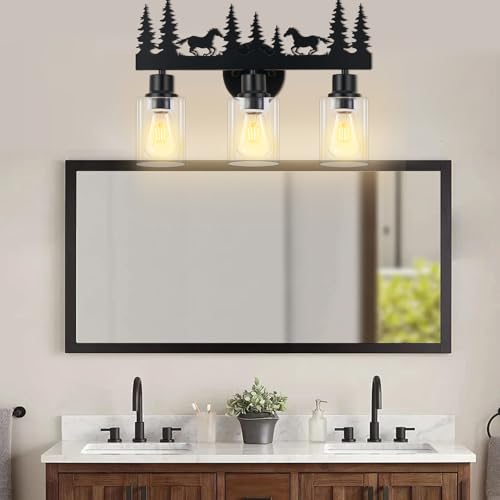 Image of Rustic Bathroom Light Fixtures,Farmhouse Vanity Light,Horse Style | 3-light Clear Glass lamp,Farmhouse rustic style, Black Wall Lighting for Bathroom,Hallway,Kitchen,Porchn