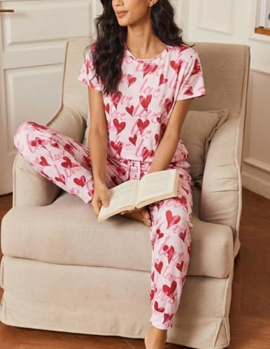 Image of Ekouaer 2 pack Womens Pajama Short Sleeve Jogger Pants Pjs Lounge Set | Pajama Sets with Pockets Comfy Sleepwear for Daily Wear, Sleep, Home, Sport, Workout