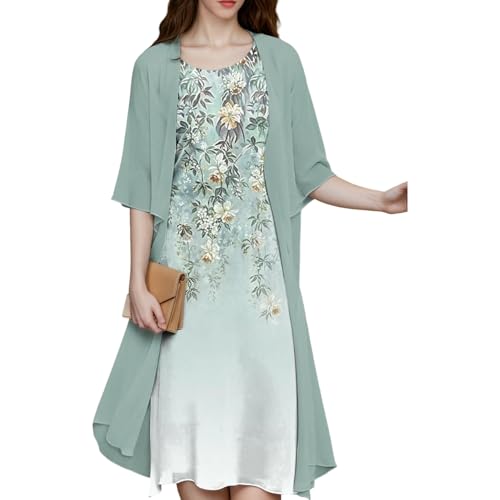 Womens Elegant Floral Print Chiffon 2 Piece Set Midi Dress with Cardigan Summer Wedding Guest Dresses for Women 2025