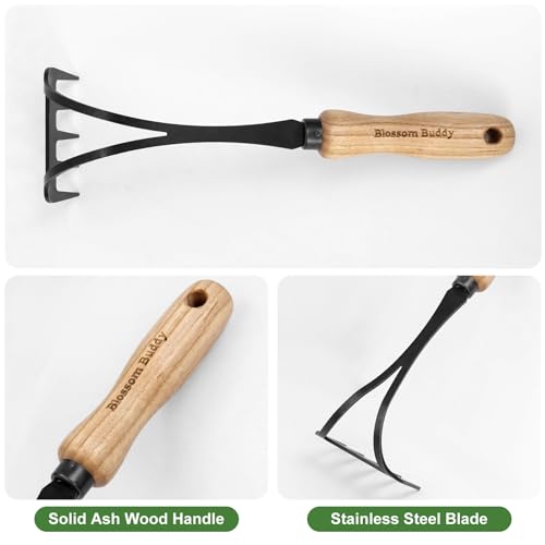 Rastrillo de mano de acero inoxidable con mango de madera miniatura 3
