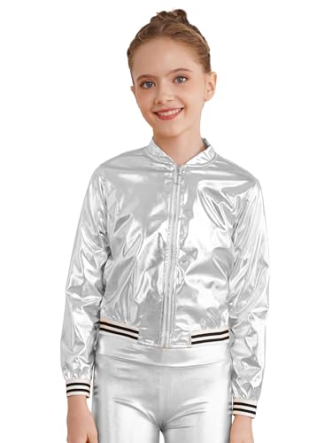 Aislor Kids Girls Shiny Baseball Jacket Long Sleeve Sparkle Metallic Zipper Bomber Jacket Coat Outerwear Clubwear