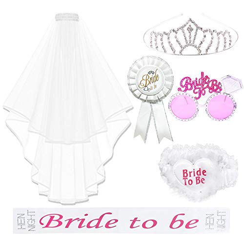 REKYO 6PCS Hen Night Party Accessories Bride To Be Sash, Sunglasses, Tiara With Veil, Badge And Garter For Hen Do Party or Stag Night Game Accessory Kit