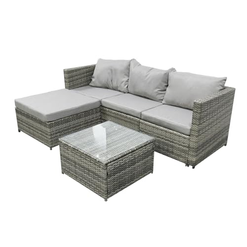 COZYBRITE Garden Corner Sofa Rattan Furniture Set 4 Seater Patio Outdoor Lounge Settee with Glass...