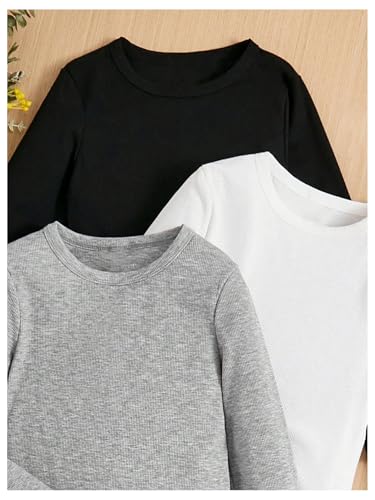 SweatyRocks Girl's 3 Pack T Shirts Crewneck Long Sleeve Ribbed Knit Casual Tee Tops3