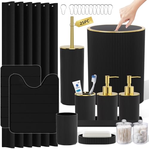 InnJoey - Black Gold Bathroom Accessories Set - Bathroom Sets, 25PC Bath Accessory Set, Bathroom Sets with Push Top Trash Can, Shower Curtain and Rugs, Toilet Brush, Trash Can & Soap Dispenser