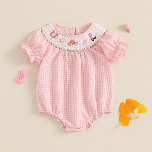 Baby Girl Smocked Western Romper Short Sleeve Bubble Rompers Summer Clothes Plaid Print Embroidery Bow Bodysuit Tops2