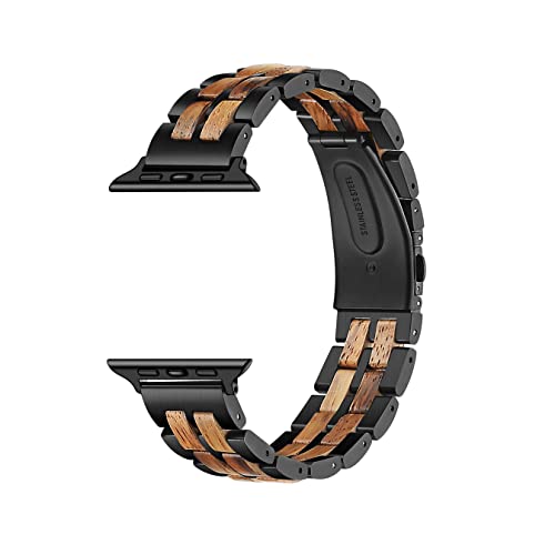 Correa de madera y acero inoxidable compatible con Apple Watch de 45 mm, 44 mm, 42 mm, correa de reloj de eslabones de madera para hombres, correa de repuesto para Apple Watch SE Series 4 5 6 7, 42/44