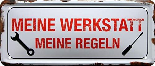 WOGEKA ART Retro Blechschild - Meine Werkstatt - meine Regeln Werkzeug - witziger Spruch als Geschenk-Idee zum Geburtstag Weihnachten Dekoration 28x12 cm Vintage-Design Metall 2027