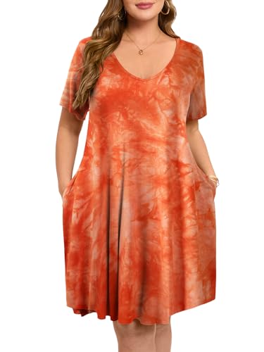 Image of ZENNILO Women's Plus Size Swing Dress with Pockets Casual Summer Dresses V Neck Short Sleeve T Shirt Dress for Women