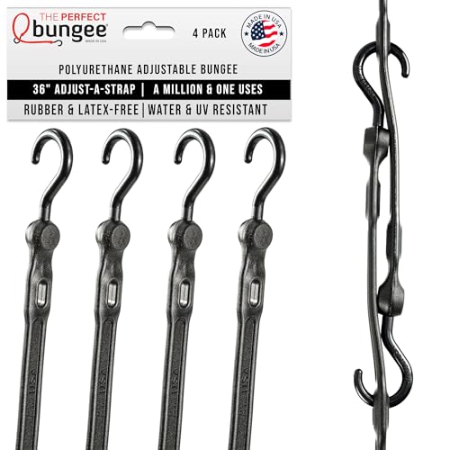 The Perfect Bungee 36" Adjust-A-Strap, Adjustable Heavy Duty Polyurethane Bungee Strap, Heavy Duty Nylon Hooks, Made in the USA, 4 Pack, Black