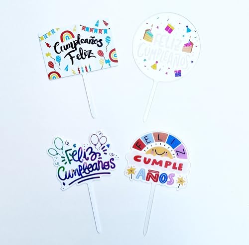 Decoración Tarta Feliz Cumpleaños Acrílico - Pack de 4 Toppers para Tartas y Magdalenas - Adornos para Cumpleaños