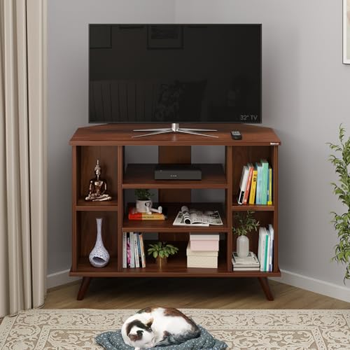 Image of BLUEWUD Gautier Engineering Wood Floor Standing TV Entertainment Unit Set Top Box Stand /TV Cabinet Panel with Shelves for Books & Decor Display Unit Bed Living Room Upto 42 inch (Brown Maple)