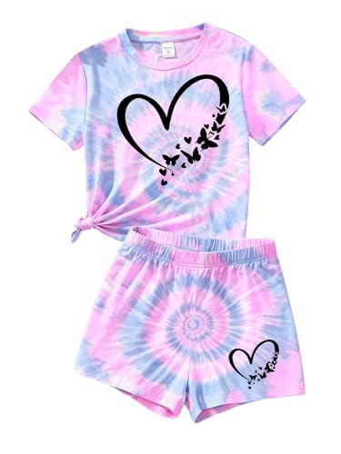 Image of 7-14Y Tween Girl Clothes 2 Piece Short Sleeve Tie Dye Heart Print Top and Shorts Teen Girl Summer Outfits Short Set