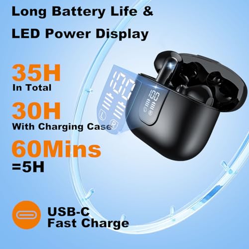 Image of Wireless Earbuds Bluetooth 5.4 In Ear Buds 6 Mic ENC Noise Cancelling Clear Calls, Deep Bass HiFi Stereo Sound Earphones 35H Playtime LED Power Display IPX7 Waterproof Headphones for Android iOS Black