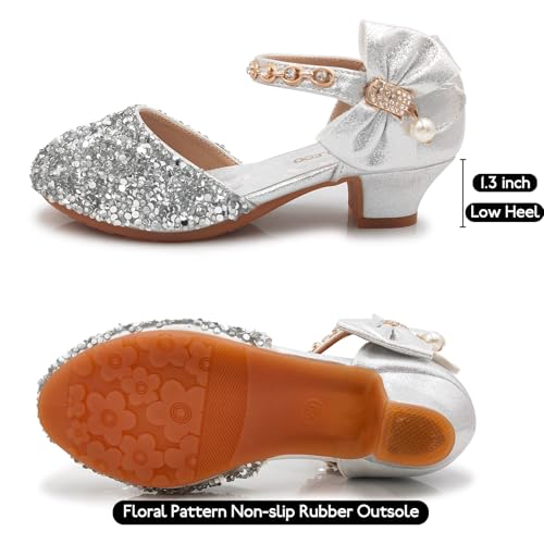 Mei MACLEOD Girls Dress Shoes Low Heel Princess Heels Sparkly with Pearl Bowknot for Wedding Party4