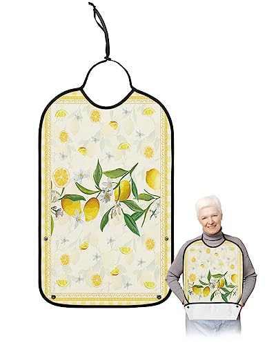 Kewadony Adult Bibs for Elderly Women - Summer Lemon Waterproof Dining Clothing Protectors with Crumb Catcher for Eating/Feeding, Yellow Fruit Checkered Buffalo Plaid Terry Cloth Bib Machine Washable