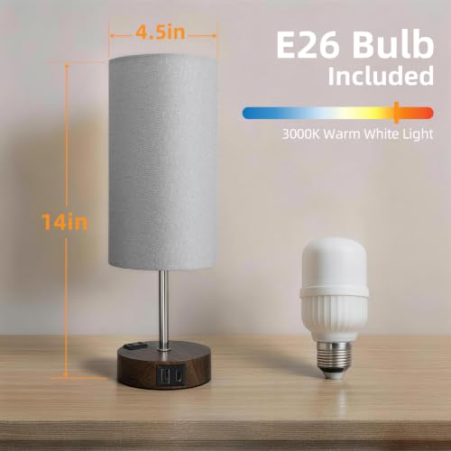 Image of Table Lamp, Dimmable Touch, AC Outlet, USB A+C (Grey&Walnut)