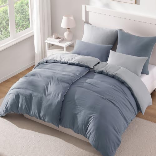 Duvetnova Bettwäsche 135x200 4teilig Blau/Hellgrau ÖKO-TEX Superweiche Vorgewaschene Mikrofaser Baumwollähnlich Ganzjährig verwendbar 2 Bettbezug 135x200+2 Kissenbezüge 80x80 mit R