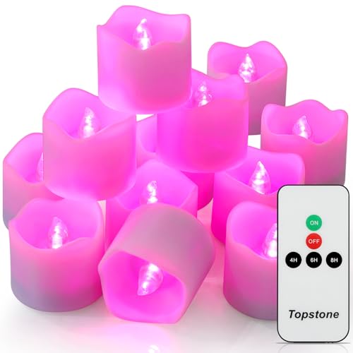 Image of Topstone Remote Control Flameless LED Votive Candles with Timer, CR2450 Battery Powered, Electric Tea Lights for Seasonal and Festival Decoration, Pink Light, 12 pcs