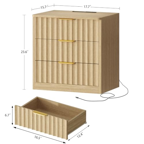 Image of TEENFON Fluted Night Stand with 3 Storage Drawers, Nightstand with Charging Station and LED Light, Bedside Table for Small Space, Bedroom, Natural