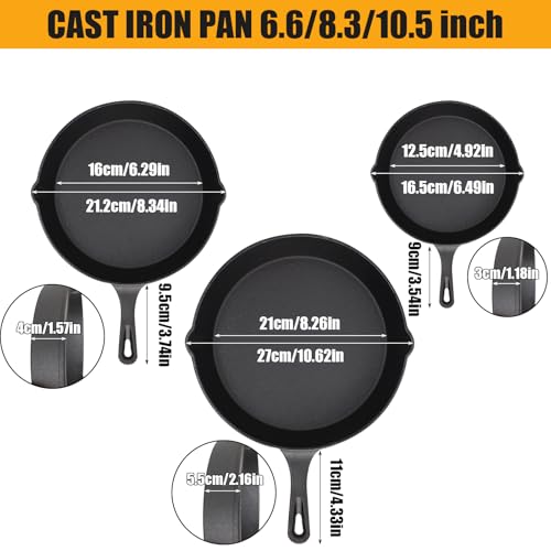 Set of 3 Preseason Cast Iron Skillets, Cast Iron Induction Frying Pan Set with 6 Inch, 8 Inch and 10 Inch Saute Fry Pans, Pizza, Oven Safe (Black) - Image 3