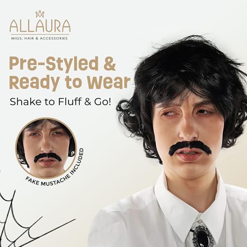 ALLAURA Vote Pedro Wig | Black Wig + Fake Mustache | 70s Shag Beatles Sonny Halloween Costume | Pablo Compatible