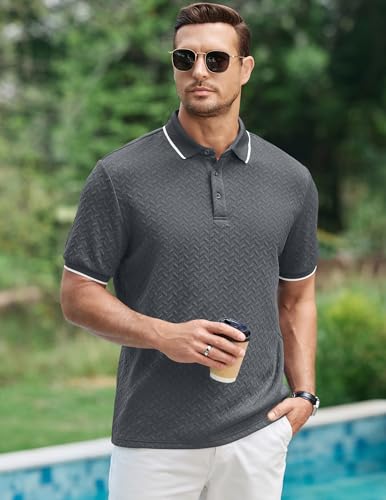 Image of JMIERR Mens Casual Polo Shirt Short Sleeve Vacation Button Summer Beach Knit Stretchy Golf Shirts
