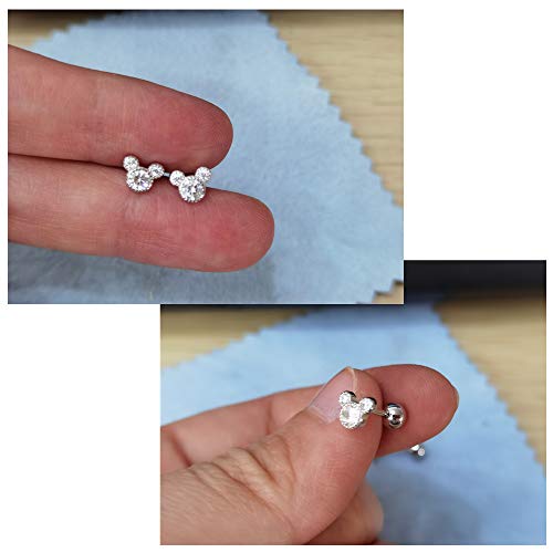 Tiny Cute Mouse Stud Sterling Silver Earrings for Women Girls Cubic Zirconia Mini Small 20g Barbell Ball Studs Cartilage Tragus 4 mm Bead Screw Back Piercing Body Jewelry (Silver)4