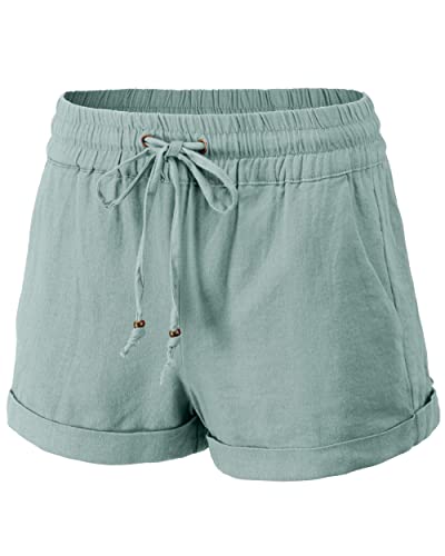 Urban Daizy Women's Linen Shorts - Casual Elastic Waist Rope Drawstring With Pockets Pull On Summer Beach Cuffed Hem Pants A11_10732 Ltblue S #TOP18