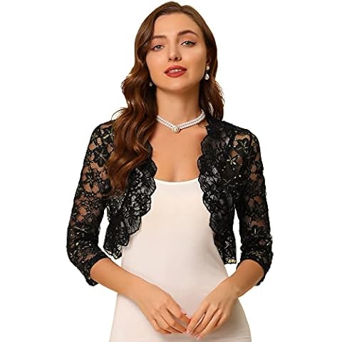 Allegra K Bolero Damen 3/4 Ärmel Hochzeit Elegant Sheer Floral Spitzen Shrug Strickjacke Schwarz XL Cover