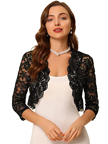 Allegra K Bolero Shrug Top For Women's Sheer Sequin Lace Crop Cardigan Medium Black #TOP19