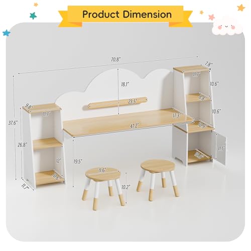 Xilingol Kids Study Desk with Bookshelves and 2 Stools, Kids Desk and Chair Set with 5 Storage Cabinets, Wooden Children Writing Table, Student Study Table for Ages 3-8, Bedroom, Boys, Girls - Image 3
