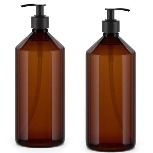 Essenciales Dispensador de Gel y Champu Baño 1L - 2 Botellas de Plástico Rellenables y Recargables Ideales para jabón, loción y champú