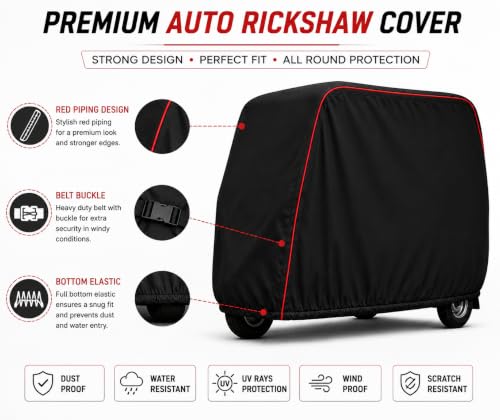 Image of Auto Rickshaw Cover Compatible with Bajaj RE | Heavy Duty 3-Wheeler Cover with Red Piping | Dustproof, UV Protection, Bottom Elastic & Full Body Protection