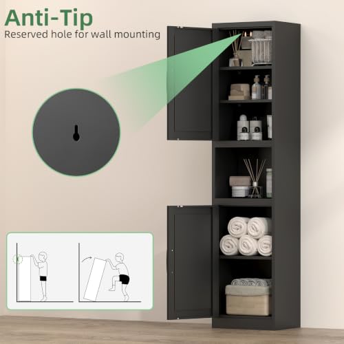 Image of Bathroom Storage Cabinet, 67 inch H Tall Bathroom Storage with Shelves and Doors, Narrow Bathroom Storage Cabinet for Home, Metal Slim Storage Cabinet, Black