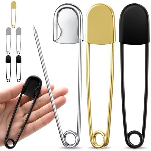 Juexica 5 Pcs 5 Inch Large Safety Pins Giant Heavy Duty Stainless Steel Extra Large Safety Pins Oversized for Fashion Laundry Sewing Quilting Blankets Diaper Crafts Decor (Black Silver Gold)