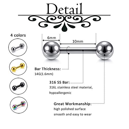 Stainless Steel 14G Body Piercing Barbells Silver Gold Black Rainbow Color 10Mm Post Studs Earring Nipple Nose Tongue Helix Tragus Cartilage Labaret Medusa Lip Eyebrow Straight Bar 6Mm Ball Screw #TOP1