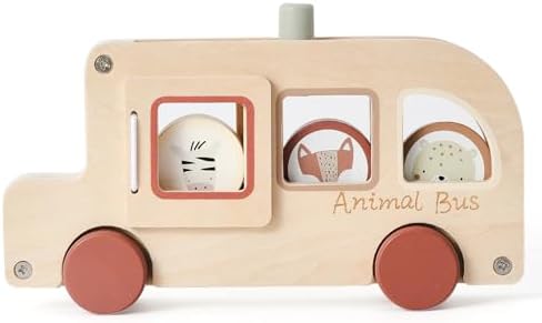 Wooden Animal Bus Toy with 3 Removable Animal - Shaped Discs, Designed with Pop Up, Roll and Ride Toy for Toddler Aged 3 Years and Up, Interactive Montessori Educational Toy for Toddlers' Daily Play