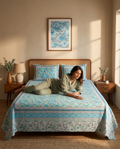 Image of Naksh Queen Size Bed Sheet Sky Blue Floral Print 2 Pillow Covers | Sky Blue Botanical Floral Print | Heritage Design for Queen Size Bedrooms