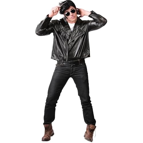 FIESTAS GUIRCA Chaqueta Rocker Biker para Hombre Disfraz - Chaqueta Sustituta de Cuero Negra - 50s Bad Boy Fancy Dress Hombre Talla M 48-50