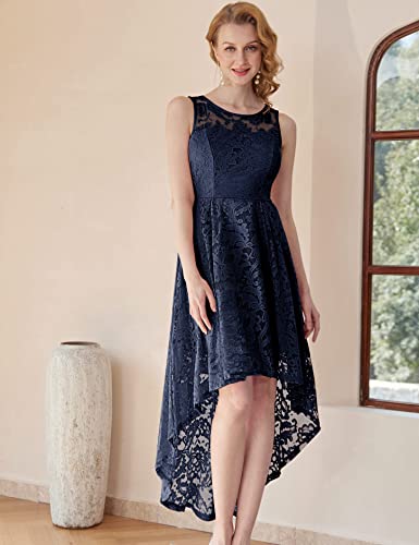 Muadress Women's Elegant Floral Lace Dress Sleeveless Crew Neck Hi-Lo Cocktail Dress For Evening Party Navy M #TOP4